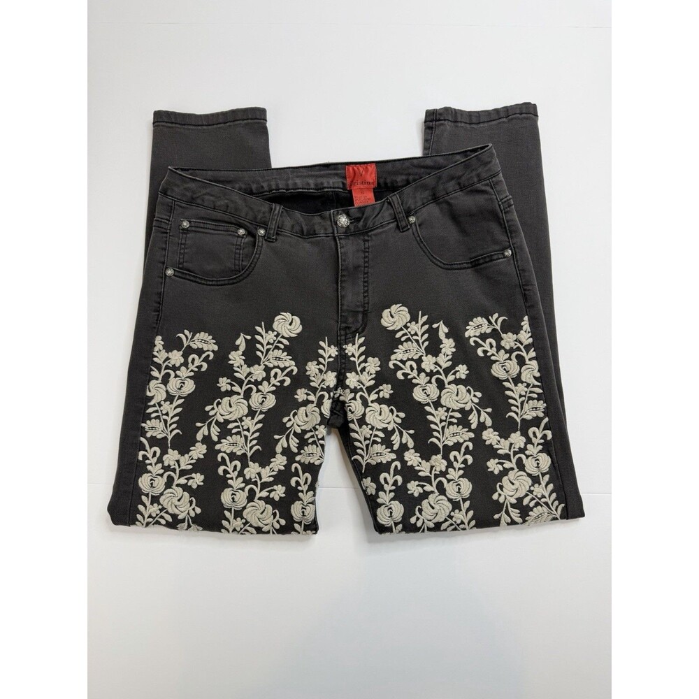 V Cristina Embroidered Jeans Womens 12 Black Floral High Rise Skinny Ankle Artsy - Picture 6 of 8
